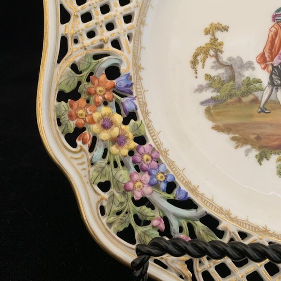 Helena Wolfsohn Reticulated Plate 8.5" Watteau Couple Scene Dresden Germany 4 - Picture 5 of 7